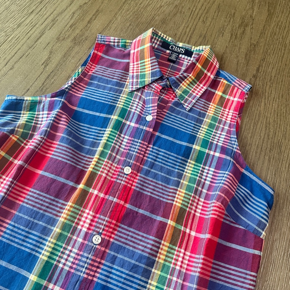 Chaps Sleeveless Button Down Vibrant Plaid Top Petite M - Picture 4 of 8